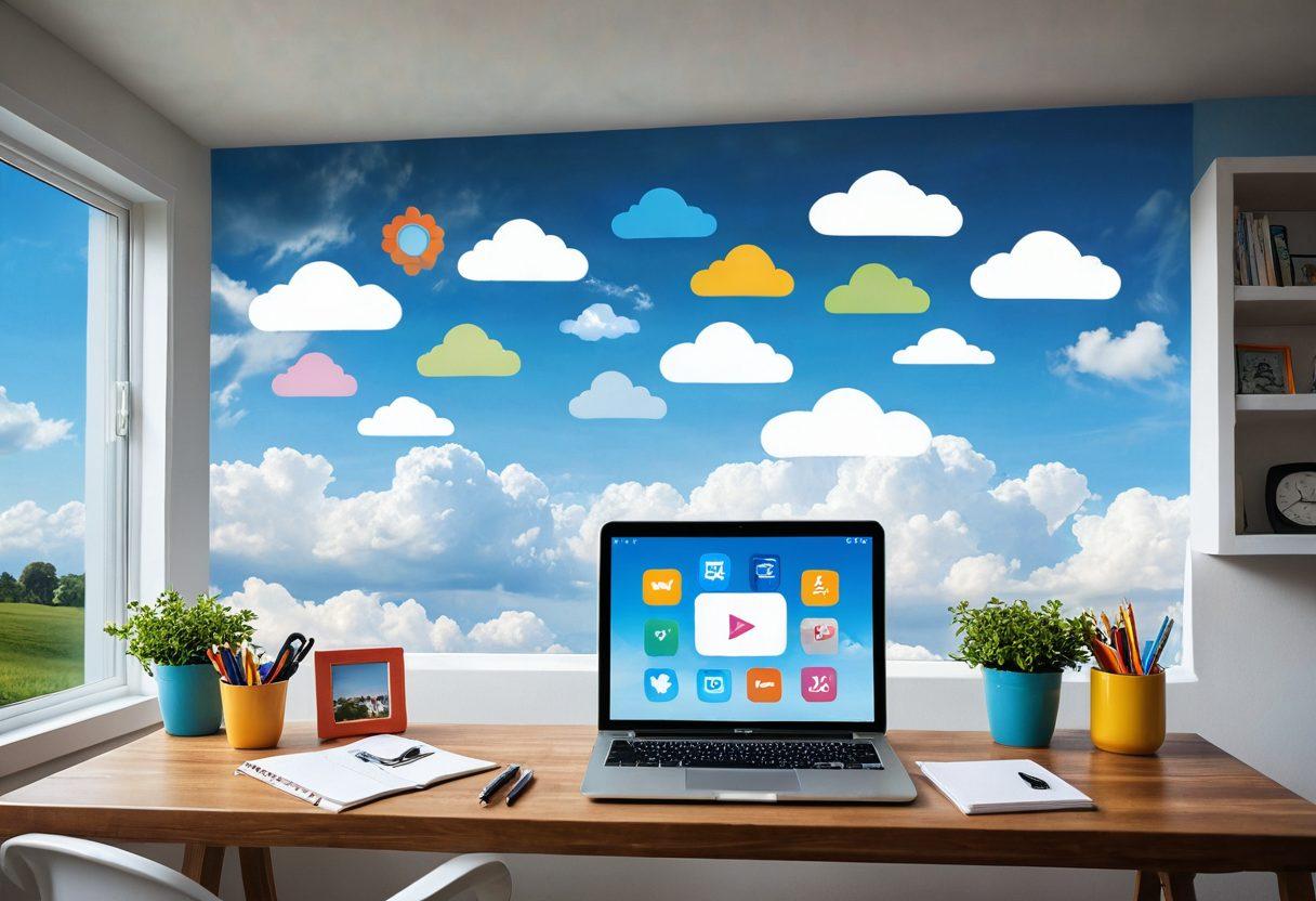 A serene cloudscape filled with fluffy white clouds, gently cradling a variety of colorful digital file icons representing memories like photos, videos, and documents. Beneath, a modern home with a warm, inviting atmosphere, illustrating a family happily interacting with devices like tablets and laptops. Bright sunlight shining through the clouds symbolizing security and reliability. The overall mood is uplifting and harmonious. vibrant colors. super-realistic.