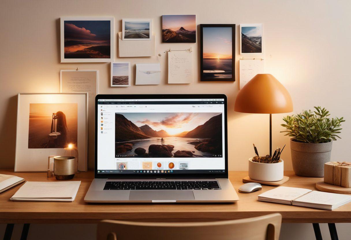 A cozy digital workspace featuring a sleek laptop displaying an organized digital storage interface. Surrounding the laptop are personal mementos like photos and notes, symbolizing affection. Soft, warm lighting enhances the intimate atmosphere, inviting viewers to feel connected to their cherished moments. A subtle hint of cloud storage icons floats in the background. super-realistic. warm colors. minimalist design.