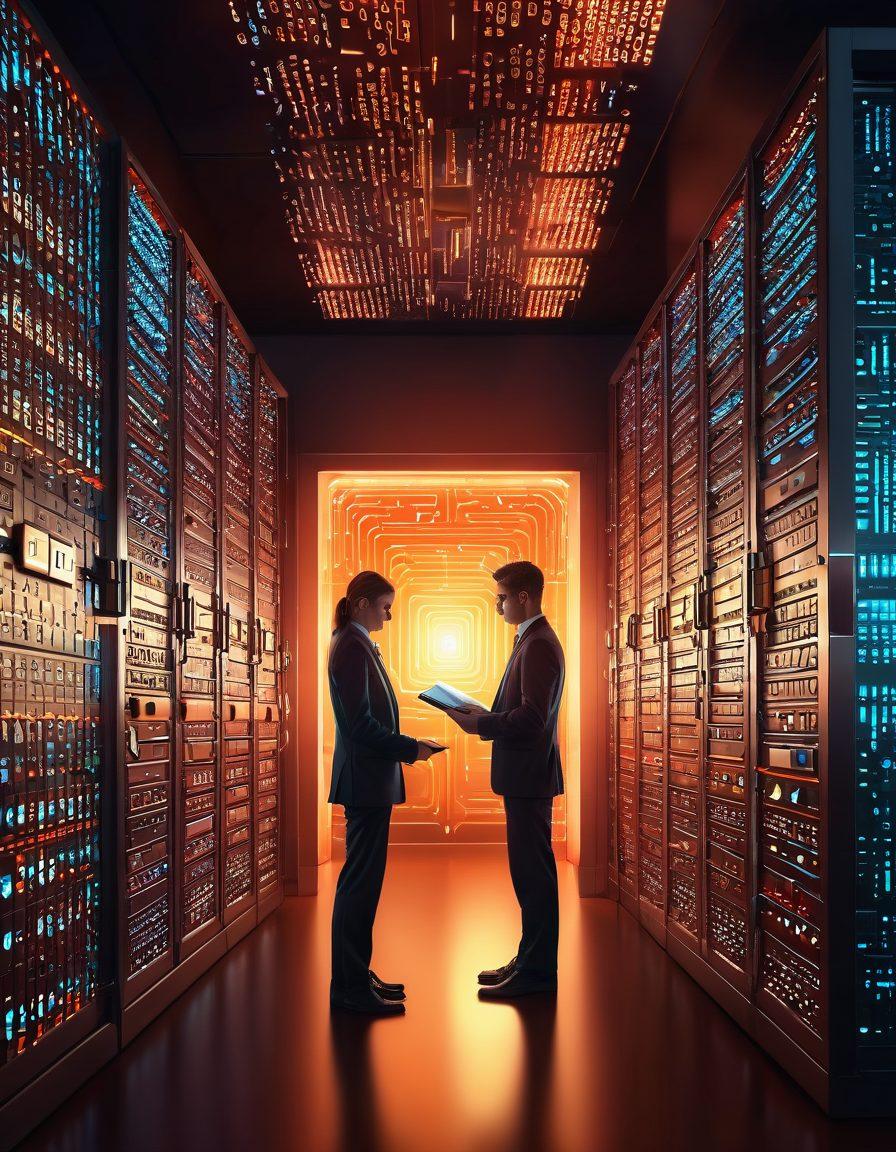 A visually striking illustration depicting a secure vault adorned with digital locks, overflowing with glowing documents and data files being protected. In the background, a labyrinth of binary code symbolizes digital security. The scene includes a person confidently managing their files, showcasing a blend of technology and safeguarding techniques. warm and inviting color palette. super-realistic. vibrant colors.
